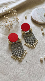 Red Fabric Oxidised Silver Pearl Drop Earrings