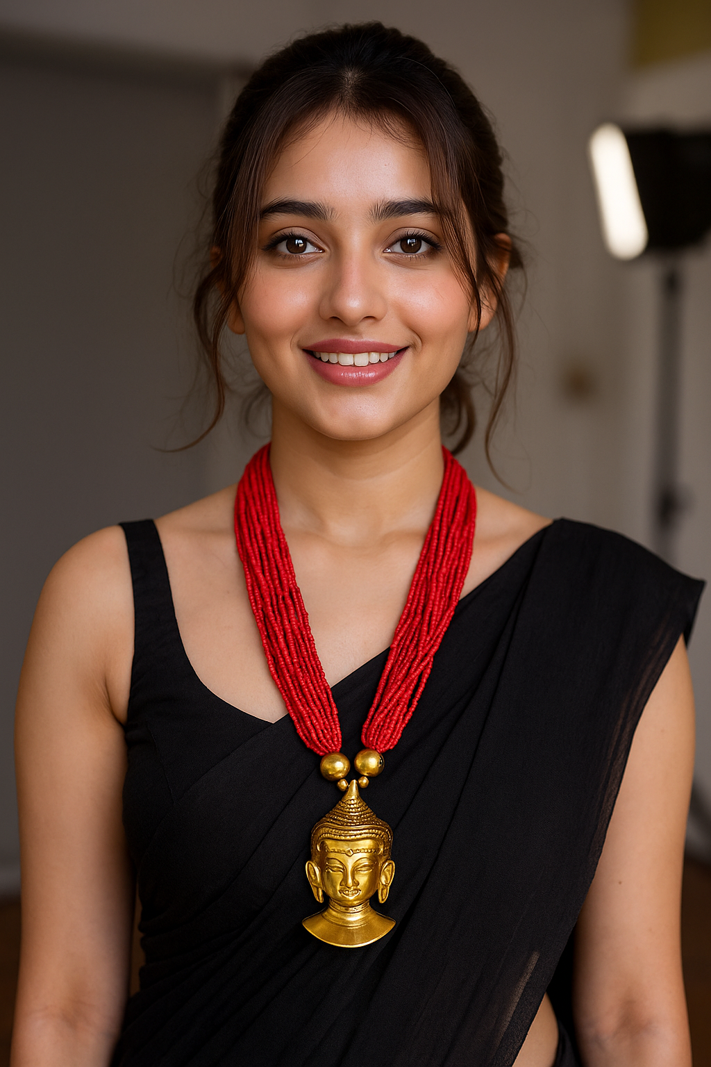 Red Beads Handcrafted Long Buddha Pendant Necklace