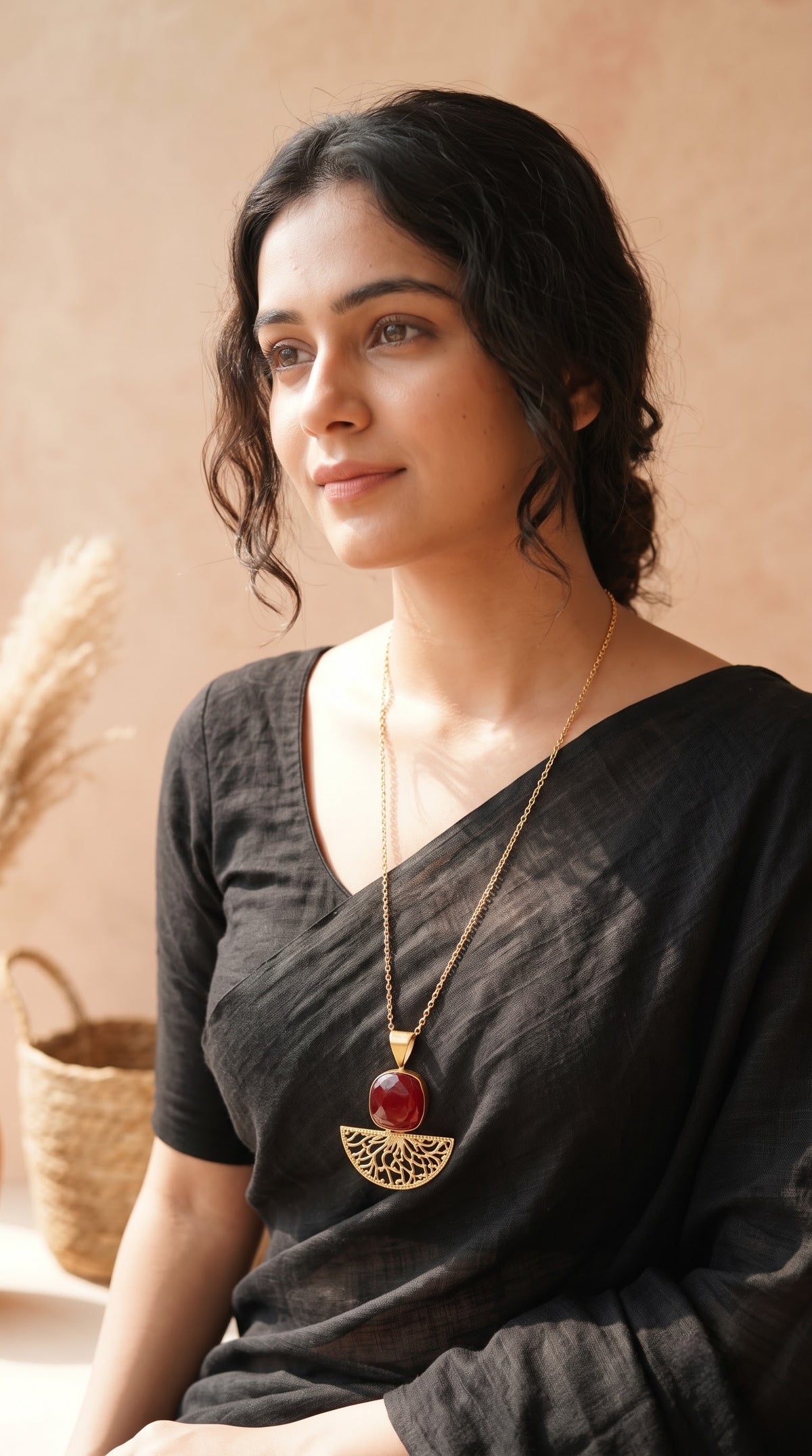 Red Central Stone Brass Finish Long Chain Necklace