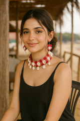 Red Checks Fabric Adjustable Length Shell Work Choker Necklace Set