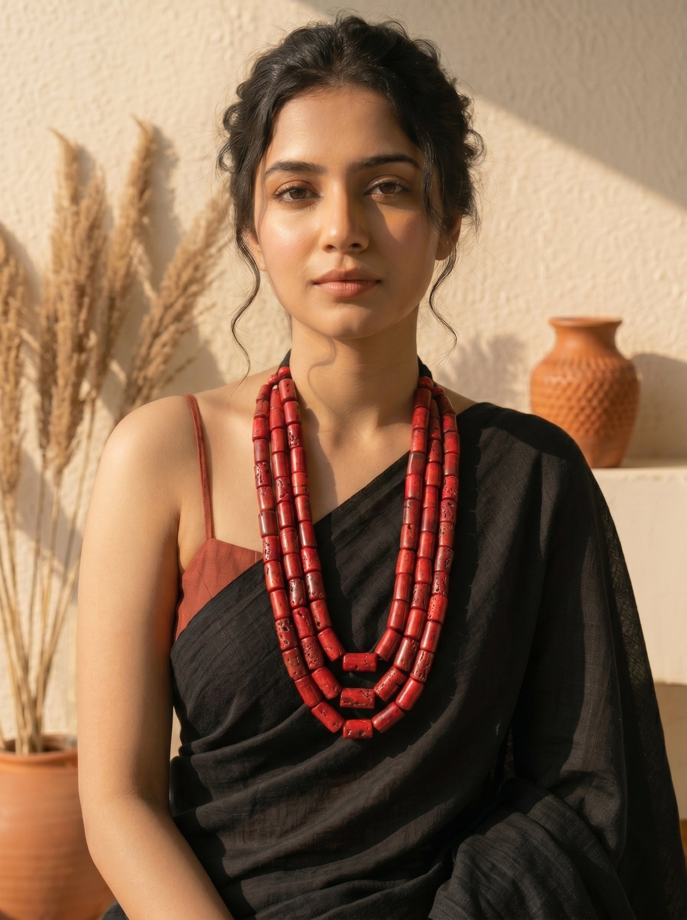 Red Coral Barrel Three Layer Bead Necklace