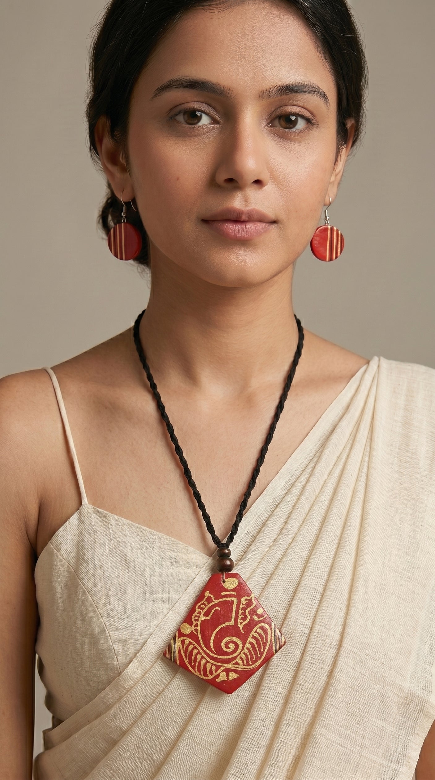 Red & Cream Hand-Painted Lord Ganesha Ceramic Necklace Set