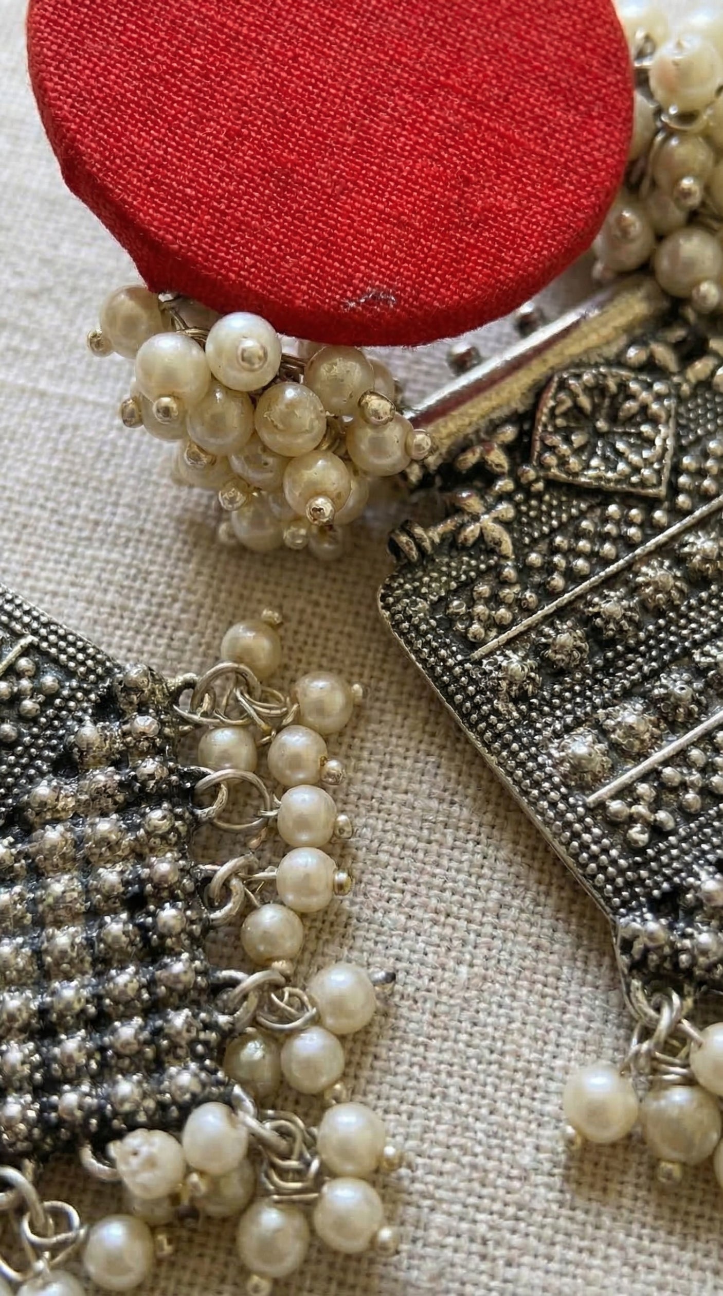 Red Fabric Oxidised Silver Pearl Drop Earrings