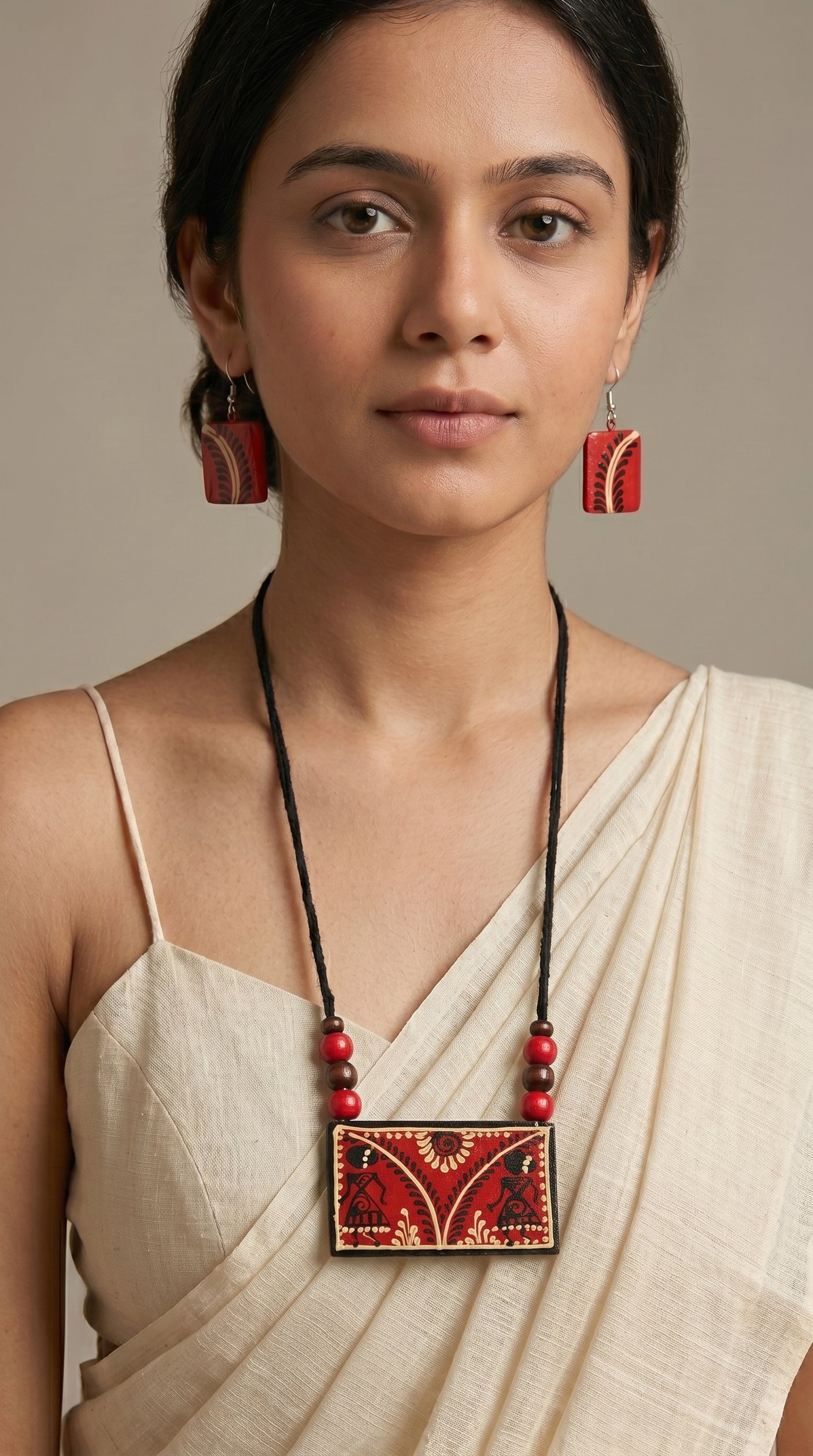 Red Hand-Painted Warli Art Ceramic Necklace Set