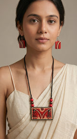 Red Hand-Painted Warli Art Ceramic Necklace Set