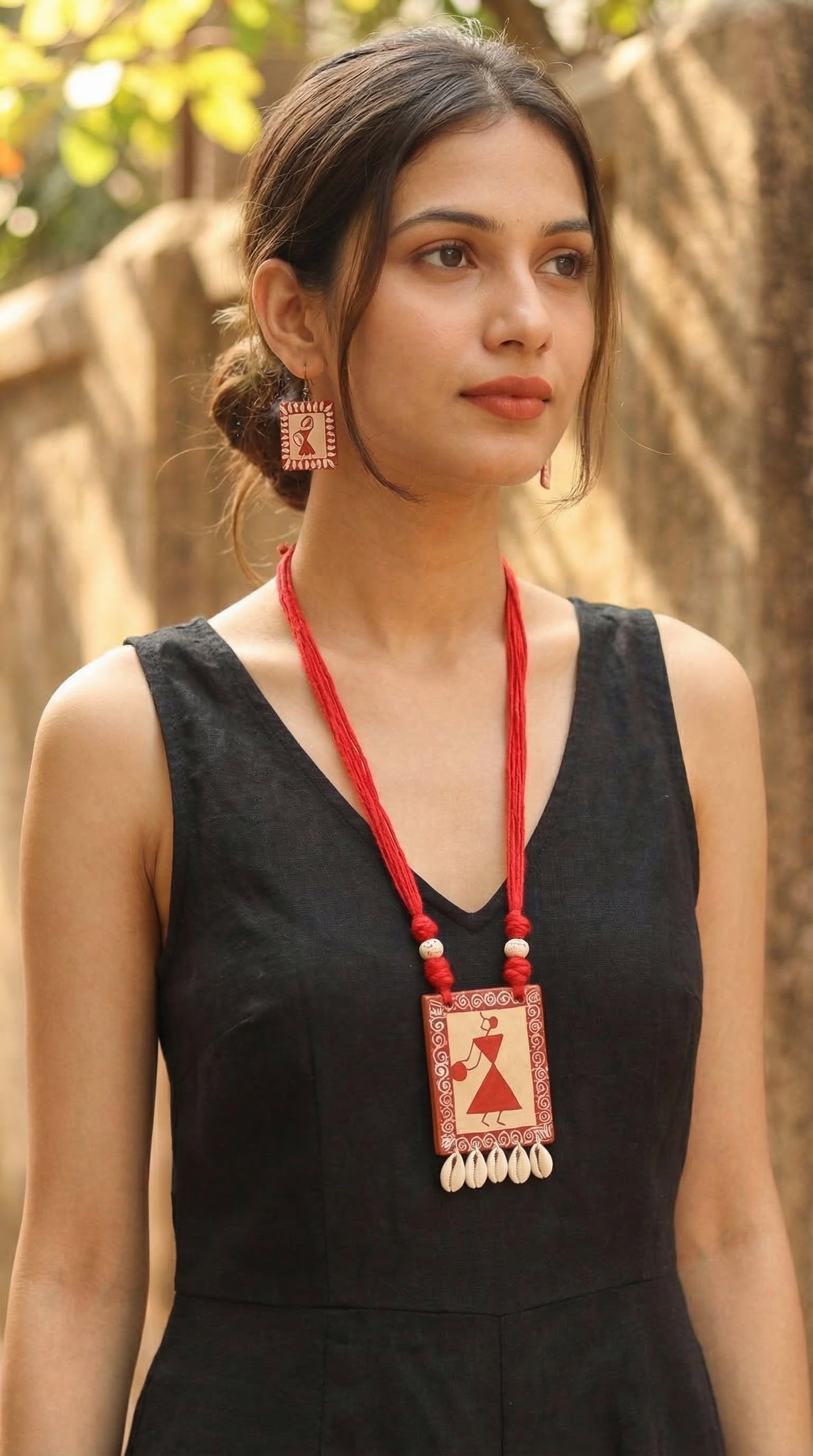 Red & Ivory Warli Nritya Hand Painted Cowrie Shells Necklace Set