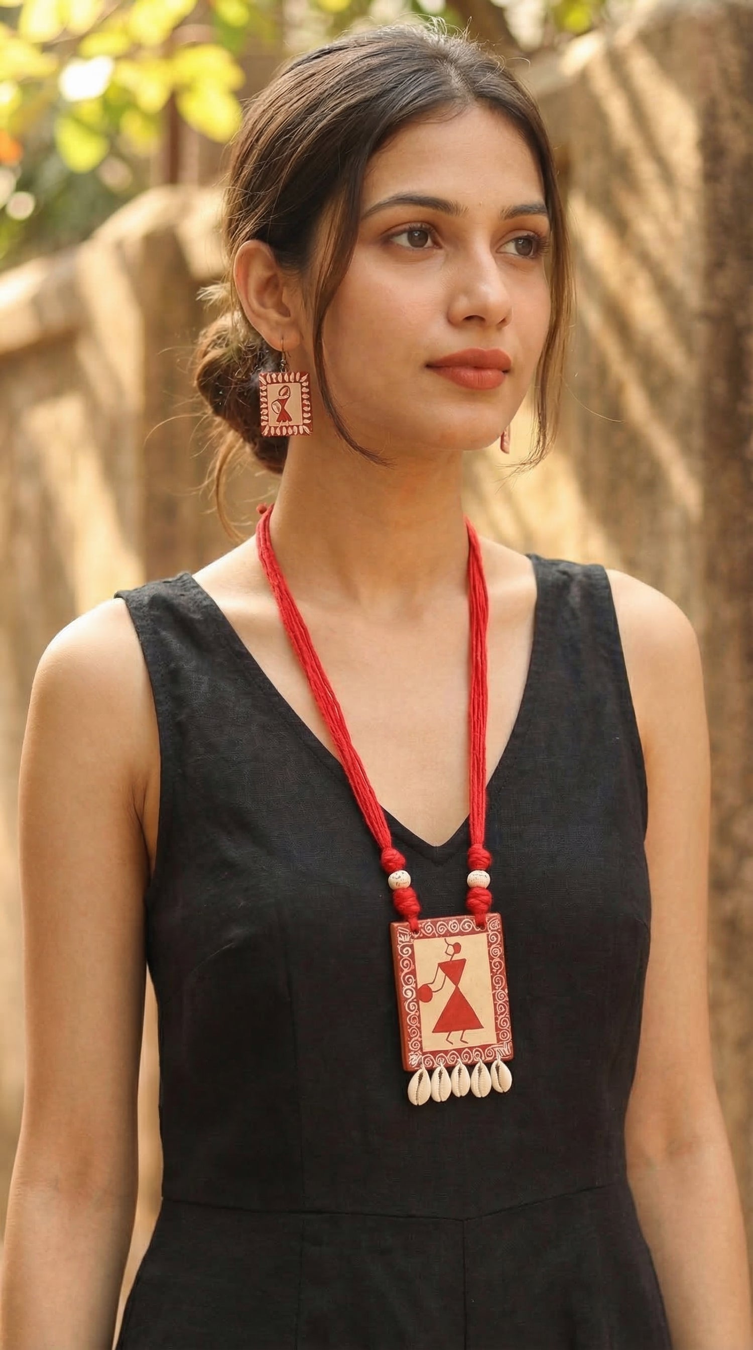 Red & Ivory Warli Nritya Hand Painted Cowrie Shells Necklace Set
