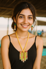 Red Kalamkari Fabric and Green Cotton Fabric Handmade Necklace Set