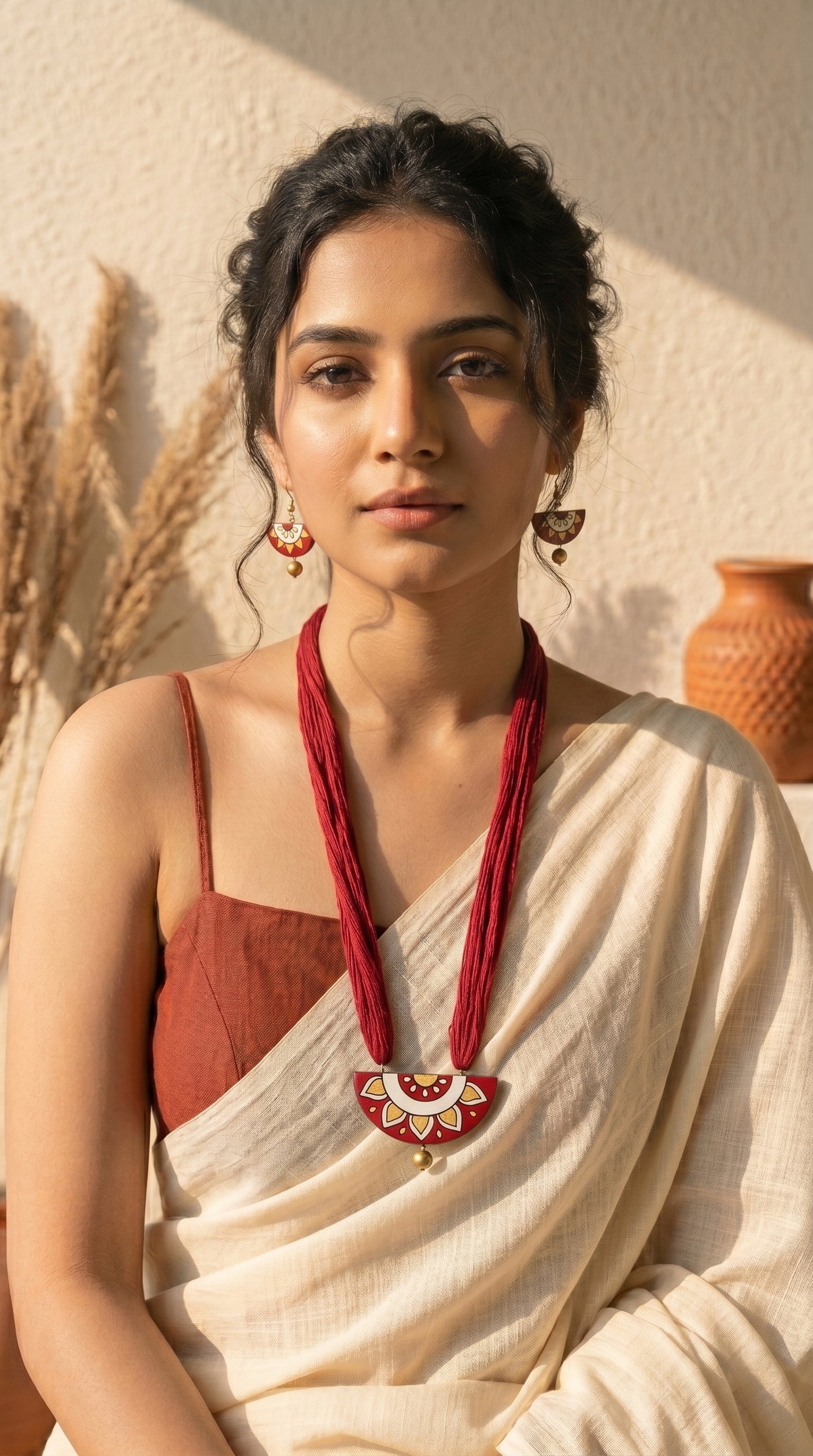 Red Terracotta Clay Sun Mandala Half-Moon Pendant Necklace Set