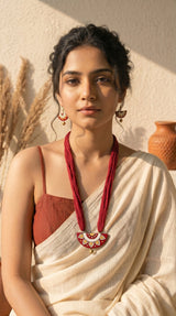 Red Terracotta Clay Sun Mandala Half-Moon Pendant Necklace Set