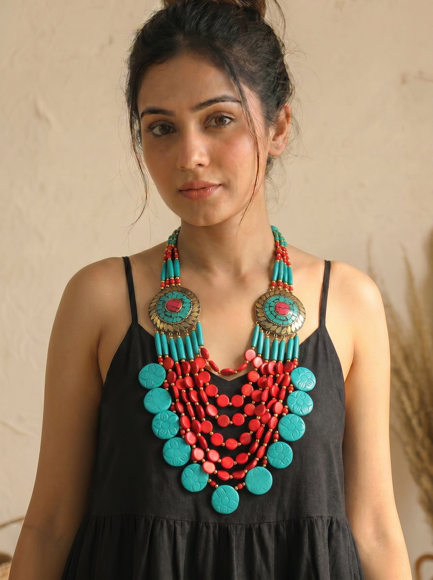 Red & Turquoise Bone Beads Handcrafted Multi-Layer African and Tibetan Tribal Necklace
