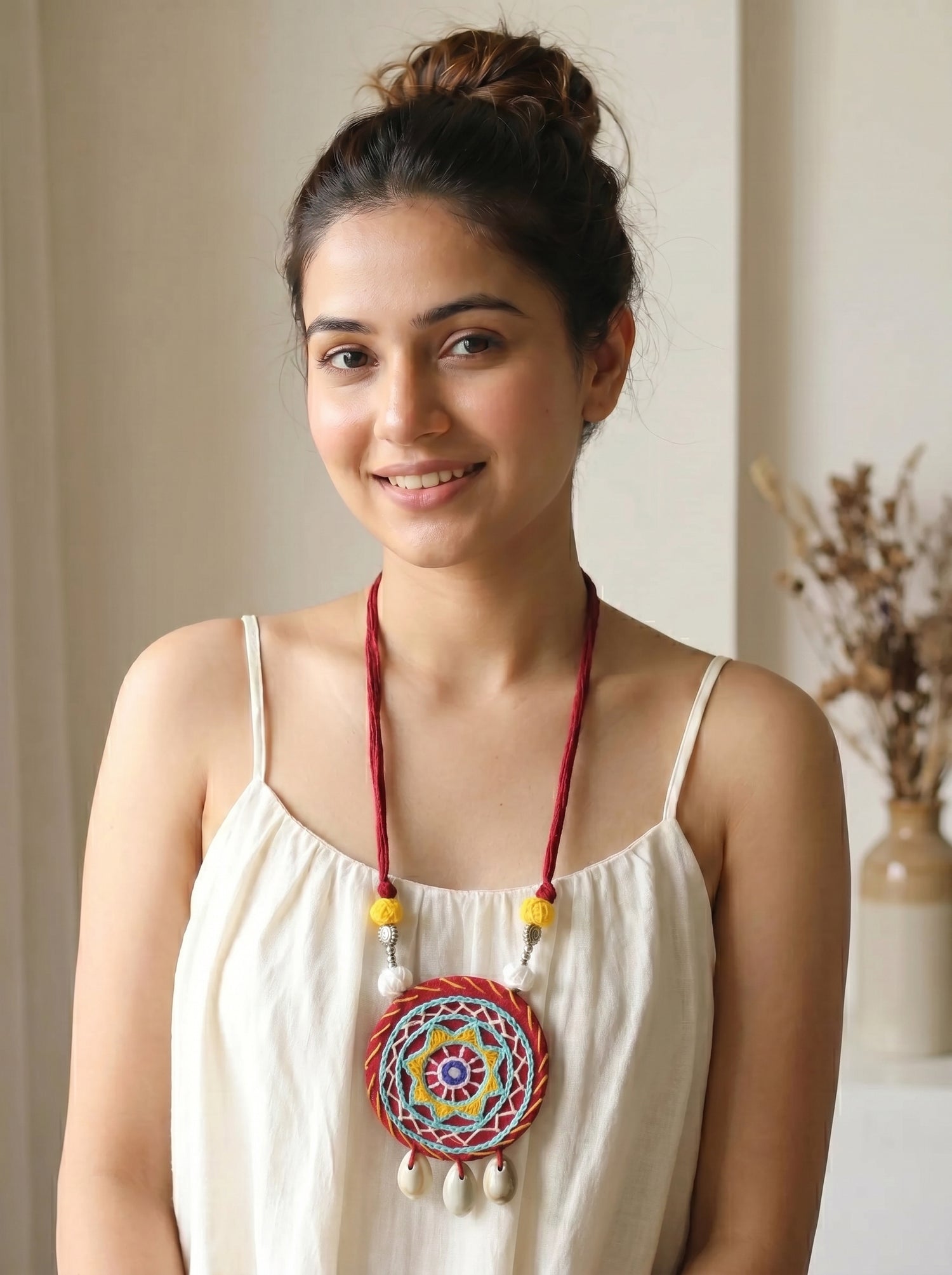 Red & Yellow Cross-Stitch Hand Embroidered Shell Work Fabric Necklace