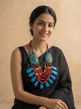 Red and Blue Bone Beads Quirky Statement Necklace with Gold Details