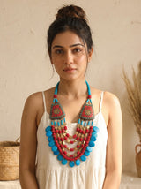 Red and Blue Bone Beads Quirky Statement Necklace with Tibetan Mosaic Details
