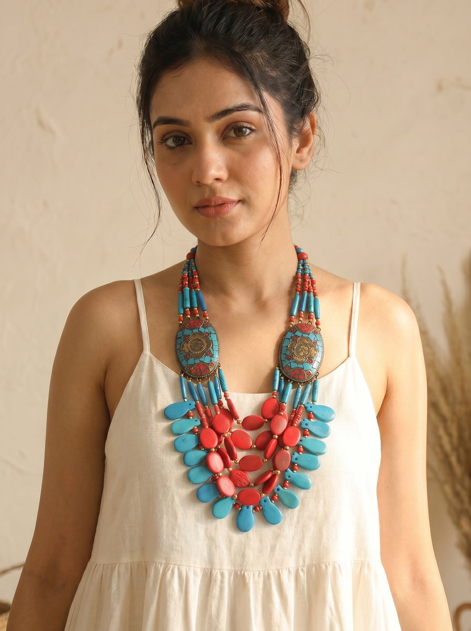 Red and Blue Bone Beads Statement Necklace with Tibetan Details