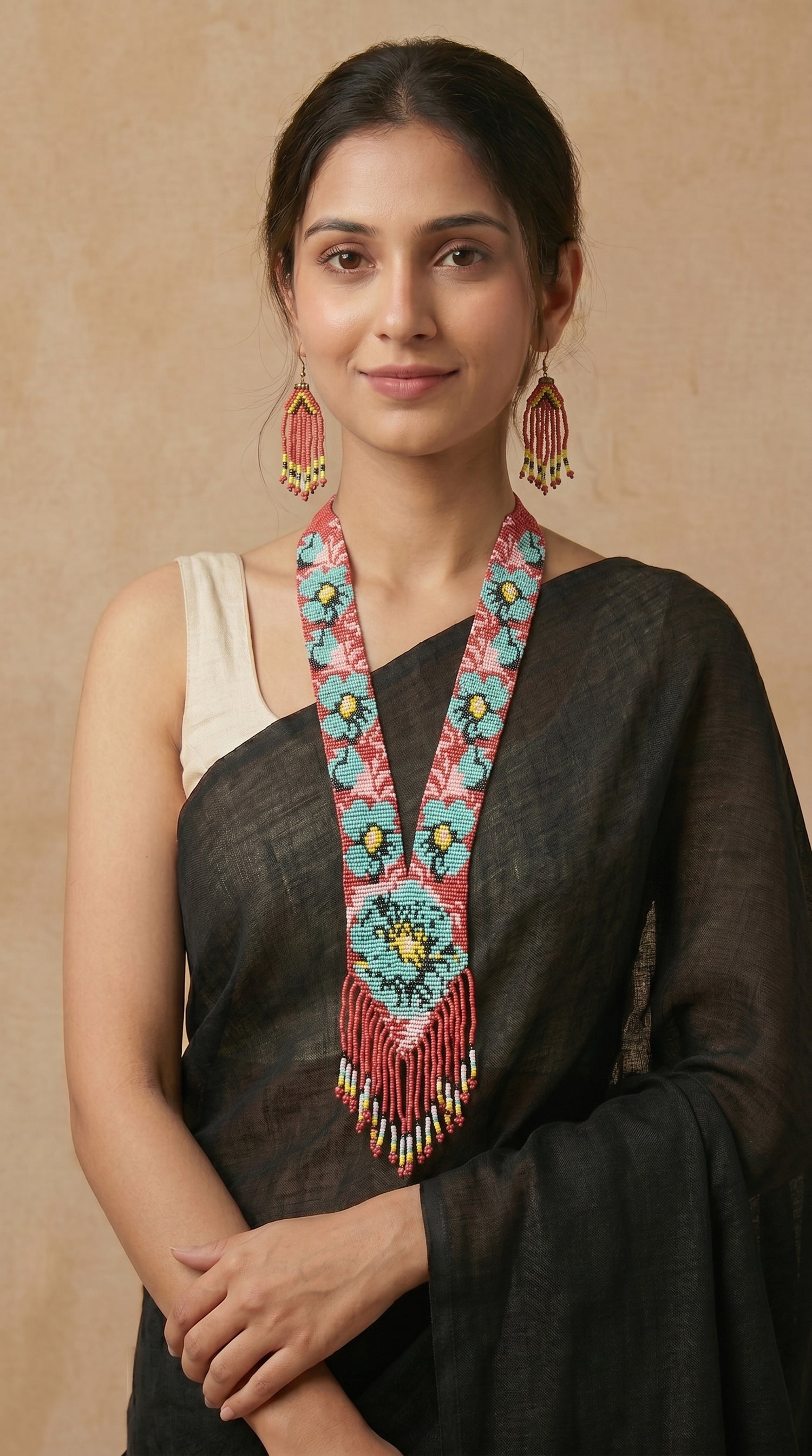 Red and Blue Hand Beaded Long Necklace Set
