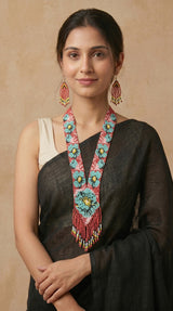 Red and Blue Hand Beaded Long Necklace Set