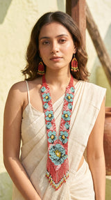 Red and Blue Hand Beaded Long Necklace Set