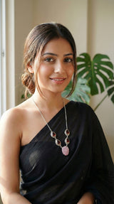 Red and Pink Natural Gemstones Embedded Silver Chain Necklace