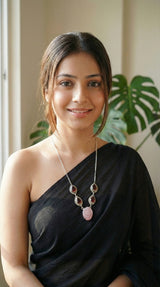 Red and Pink Natural Gemstones Embedded Silver Chain Necklace