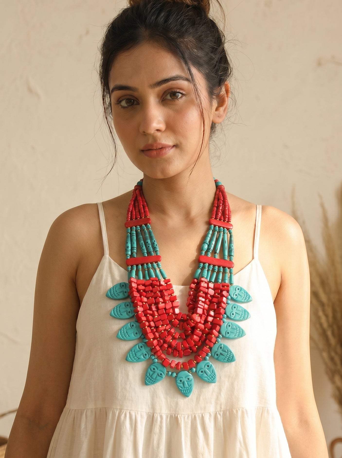 Red and Turquoise Bone Beads Statement Necklace