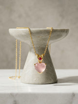 Rose Quartz Heart & Ruby Accent Gold Pendant on Dainty Gold Chain Necklace