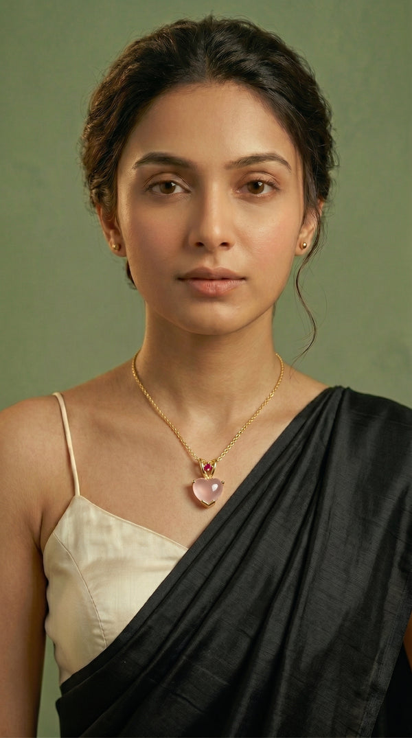 Rose Quartz Heart & Ruby Accent Gold Pendant on Dainty Gold Chain Necklace