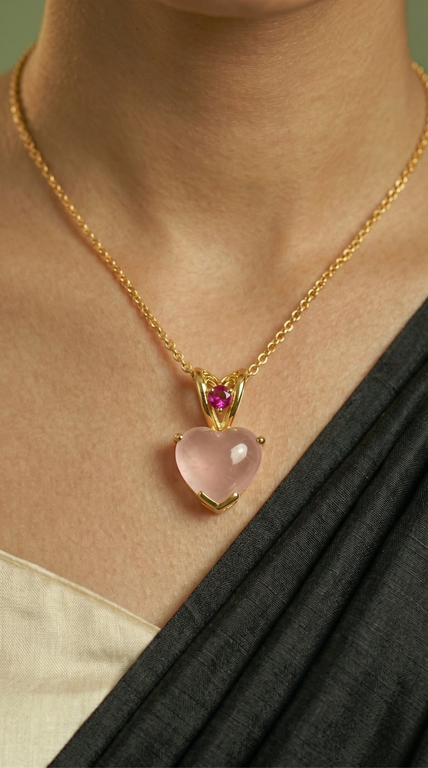 Rose Quartz Heart & Ruby Accent Gold Pendant on Dainty Gold Chain Necklace