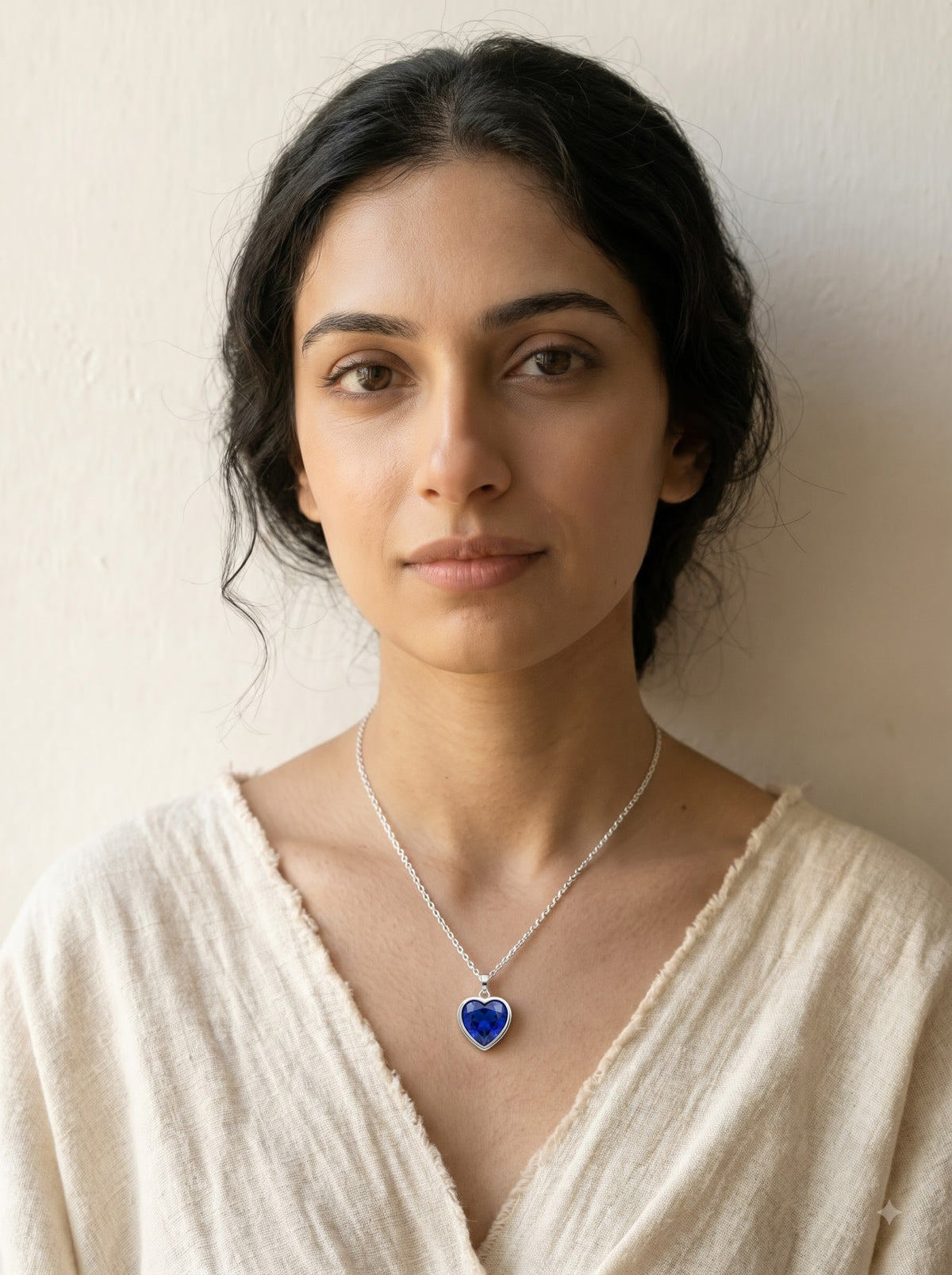 Sapphire Blue Heart Crystal Solitaire on Dainty Silver Chain Necklace