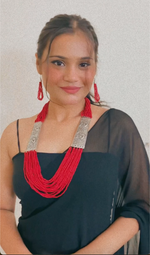 Load image into Gallery viewer, Red Beaded Multi Layered Necklace Set with Metal Detailing
