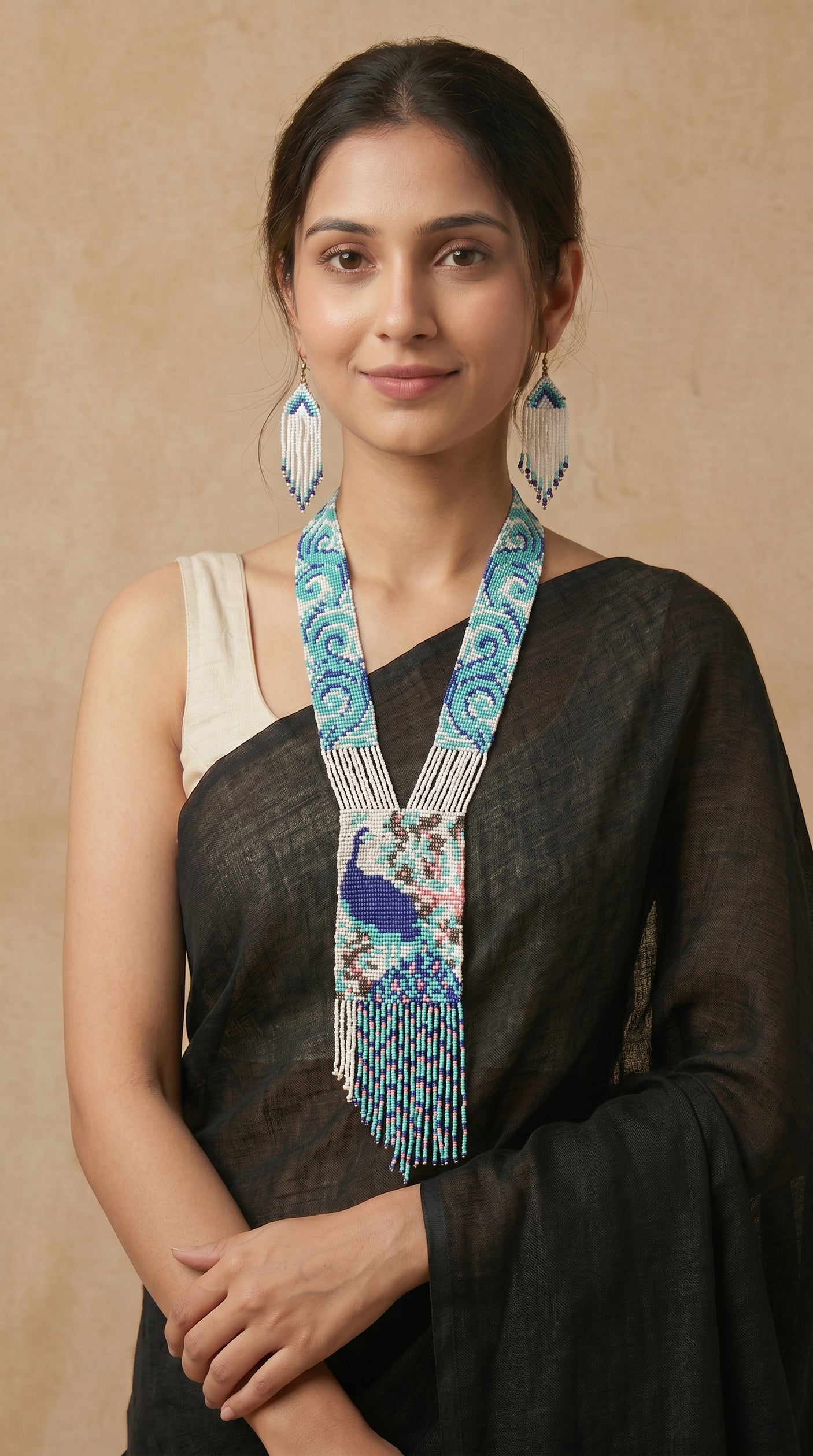 Shades of Blue Peacock Motif Handmade Beaded Long Necklace Set