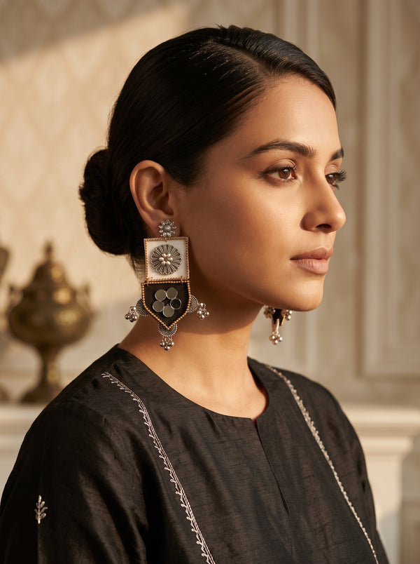 Sheesha Mirror Work Shield Drop Ghungroo Earrings