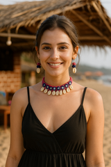 Shells Hand Braided in Blue and Pink Fabric Choker Necklace Set