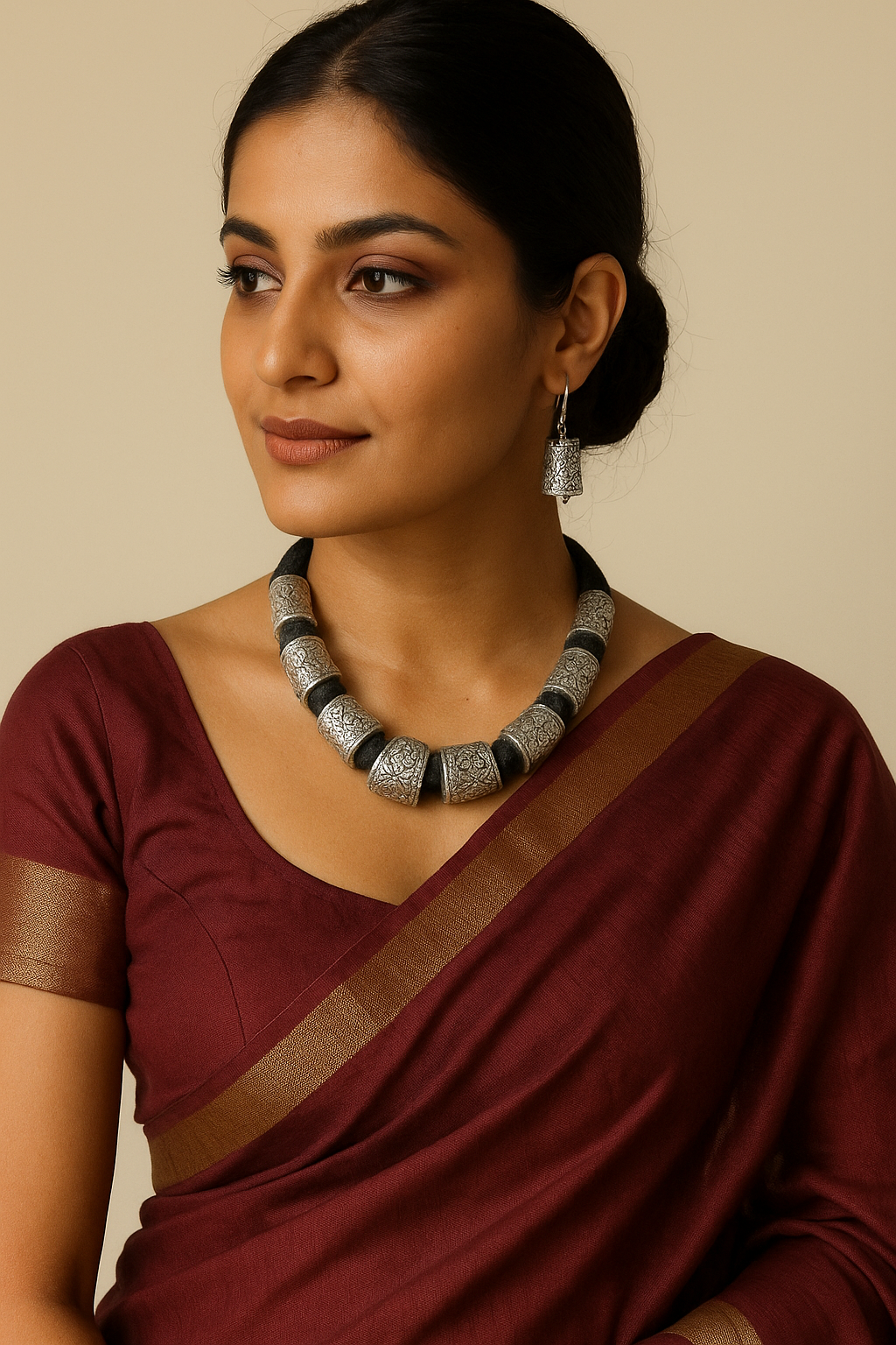 Intricately Detailed Metal Accents Braided with Black Fabric Threads Necklace Set