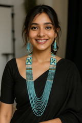 Sky Blue Hand Beaded Long Necklace Set