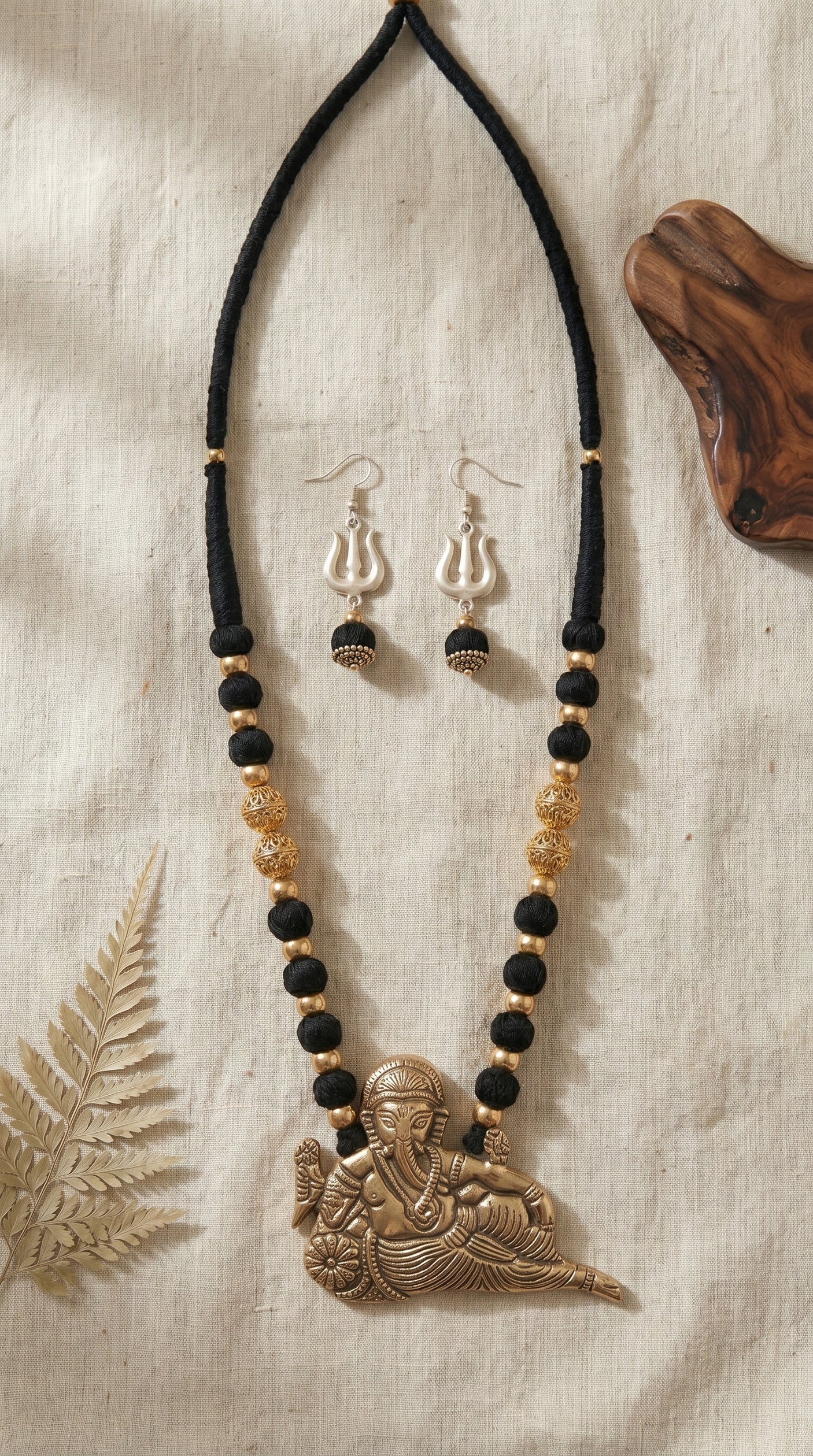 Statement Ganesha Necklace with Black Fabric Beads