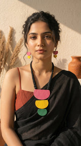 Textured Terracotta Triple Half-Moon Colour Block Statement Necklace Set