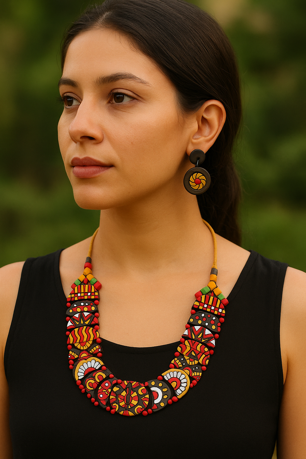 Handcrafted Multi-Color Tribal Motifs Terracotta Clay Adjustable Length Choker Necklace Set