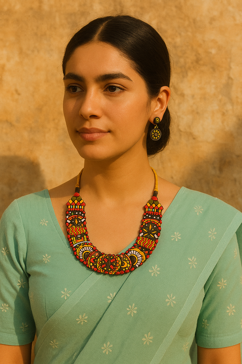 Handcrafted Multi-Color Tribal Motifs Terracotta Clay Adjustable Length Choker Necklace Set