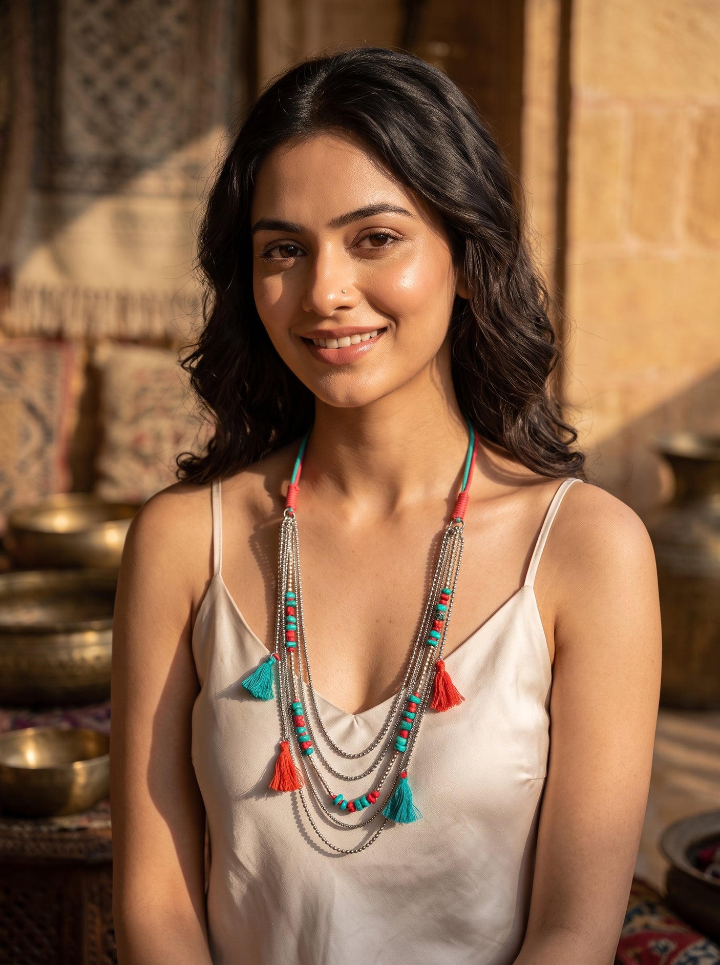 Turquoise & Coral Layered Tassel Chain Bohemian Necklace