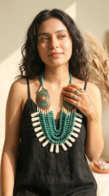 Turquoise and Off-White Bone Beads Quirky Statement Necklace