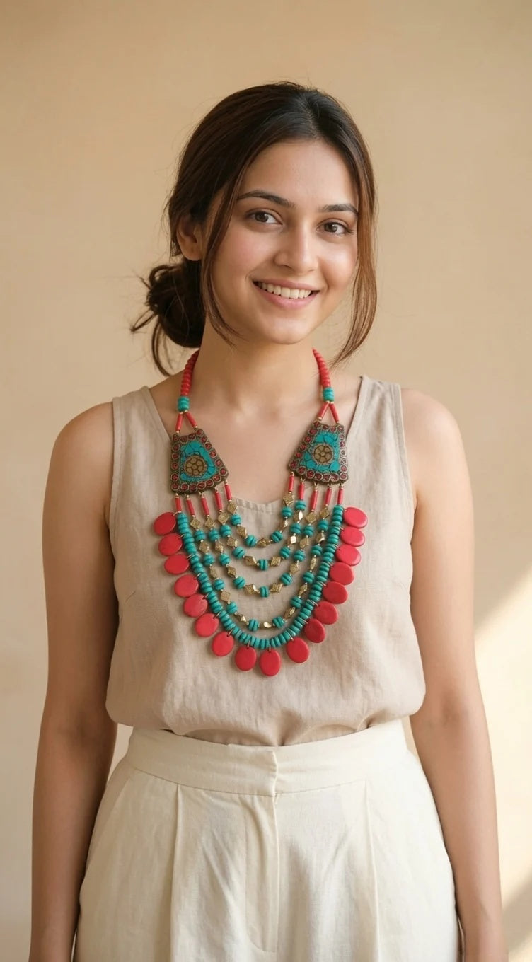 Turquoise and Red Bone Beads Handcrafted Multi-Layer African Tribal Necklace with Gold Accents