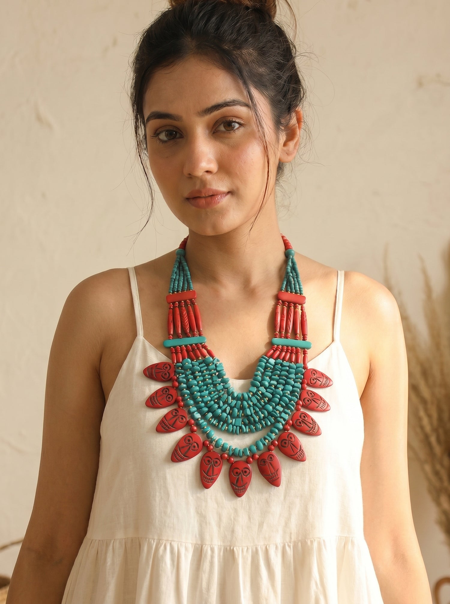 Turquoise and Red Bone Beads Quirky Statement Necklace