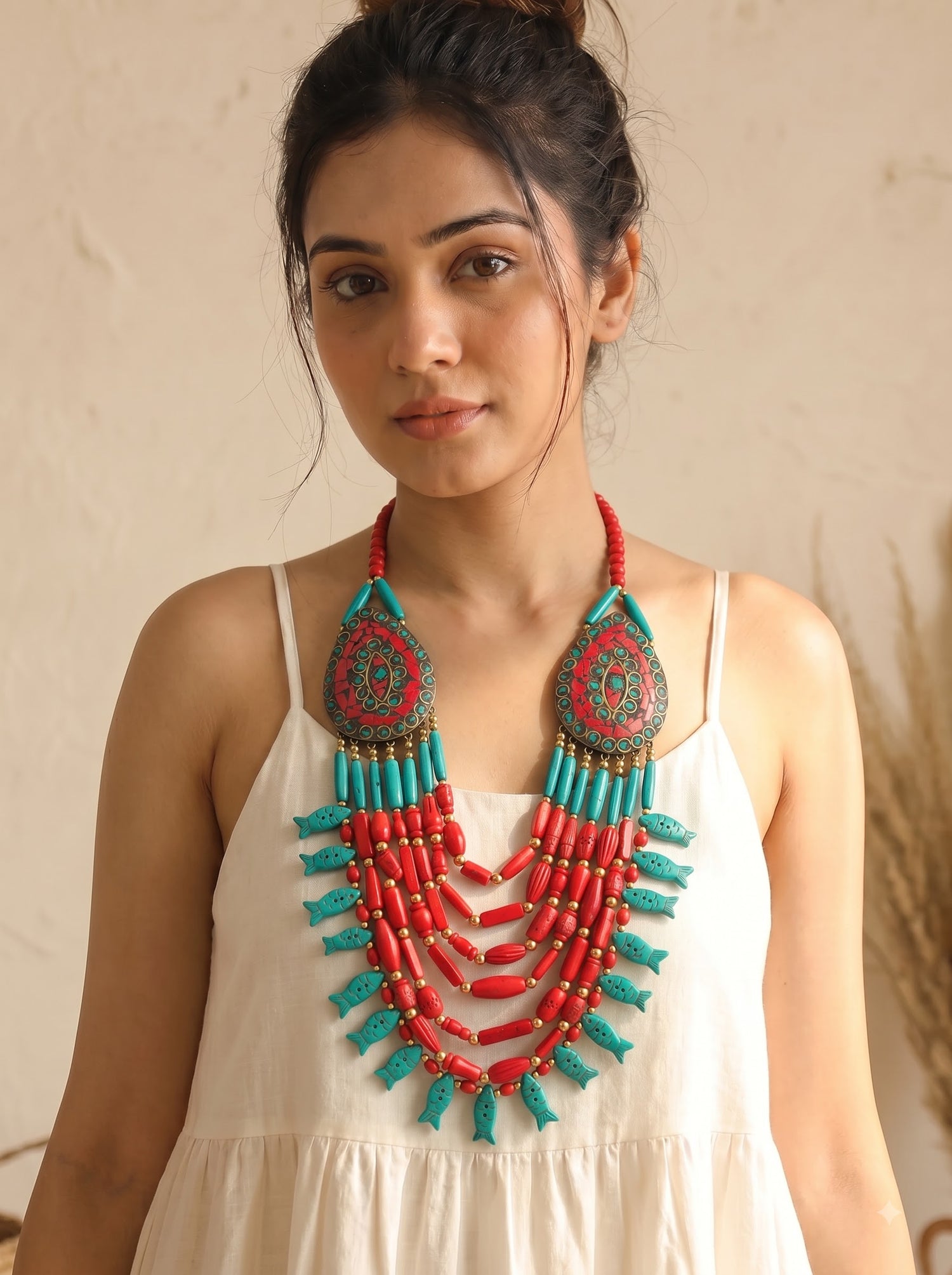 Turquoise and Red Bone Beads Quirky Statement Necklace