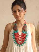 Turquoise and Red Bone Beads Quirky Statement Necklace