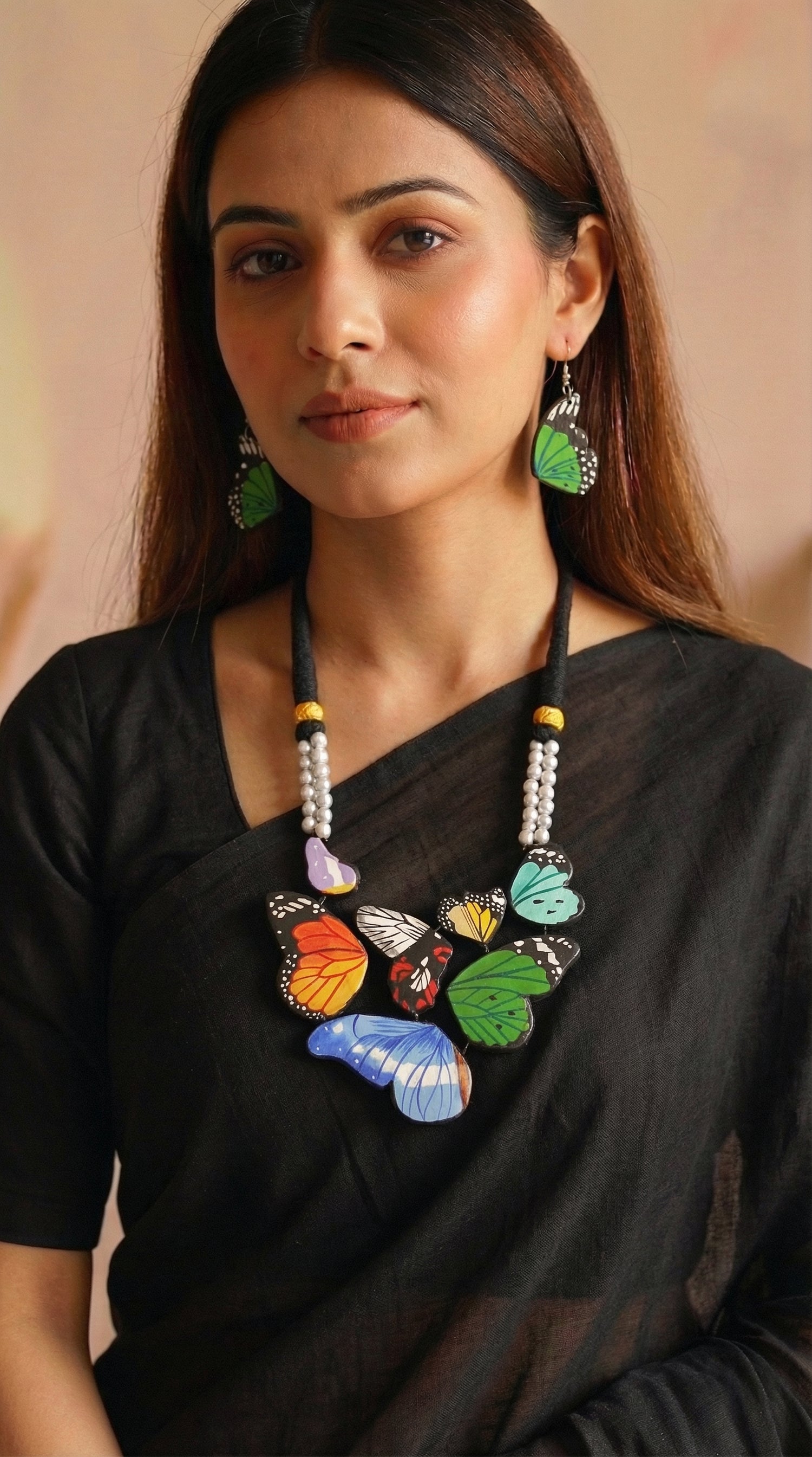 Vibrant Butterfly Hand Painted Terracotta Clay Necklace Set