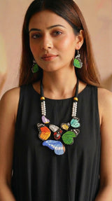 Vibrant Butterfly Hand Painted Terracotta Clay Necklace Set