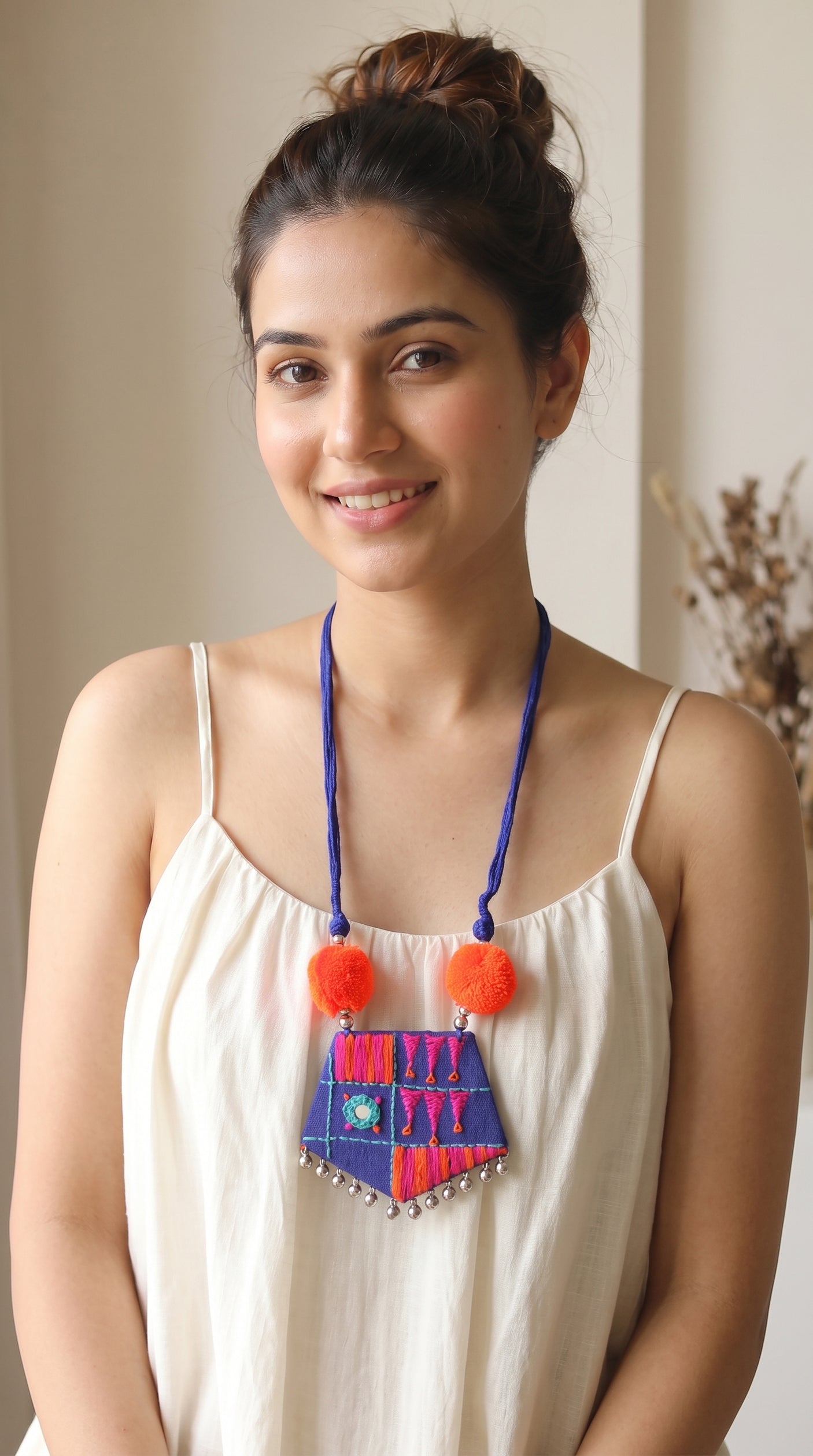 Violet and Orange Handcrafted Mirror Work Fabric Necklace