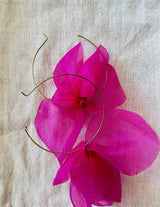 Pink Organza Fabric Flower Gold Toned Hoop Earrings