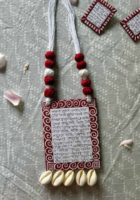 Mantra Printed Fabric Beads Necklace Set with Shell Work and Thread Closure